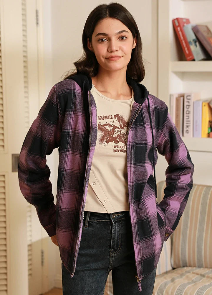 Women's Sherpa-Lined Full Zip Up Flannel Jacket with Fleece Hood-2