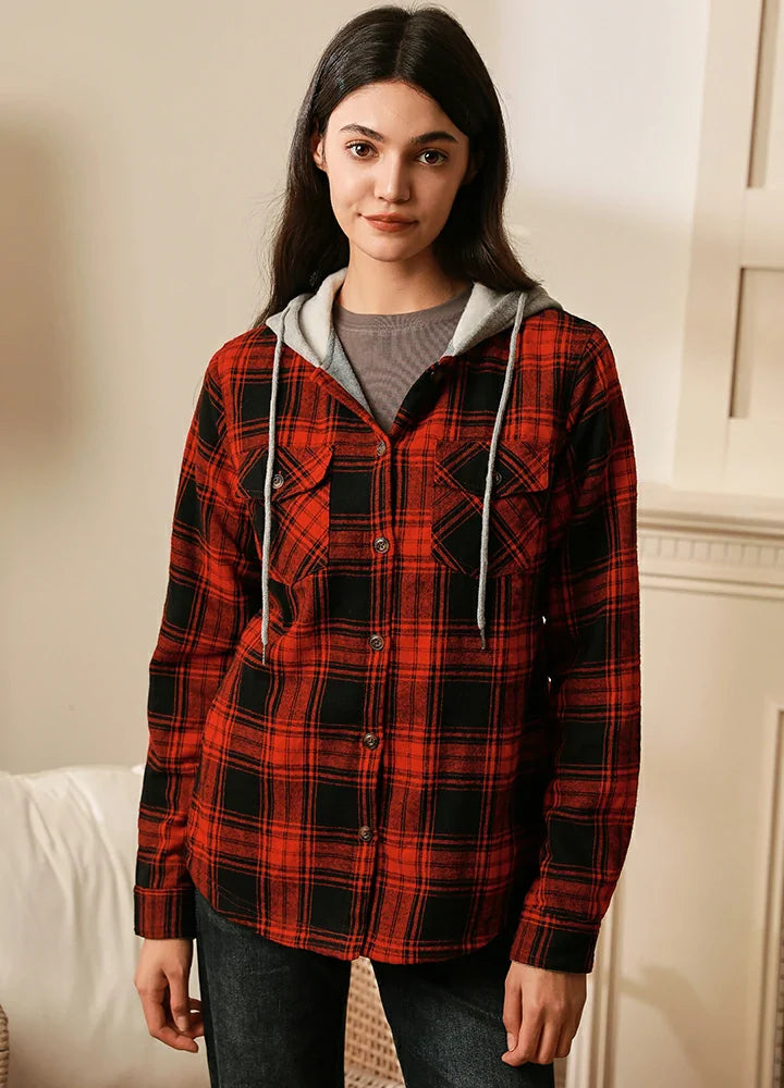 Women's Fleece Lined Flannel Shirt,Button Down Plaid Hooded Jacket-1