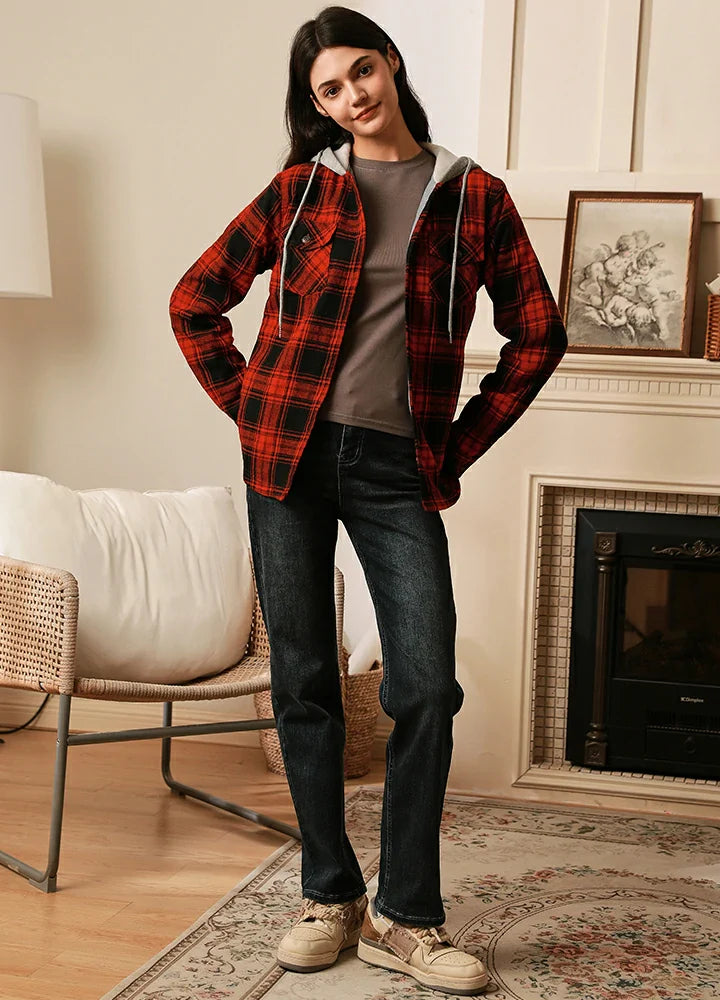 Women's Fleece Lined Flannel Shirt,Button Down Plaid Hooded Jacket-3