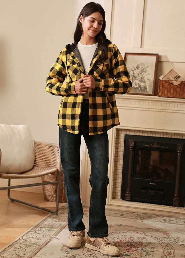 Women's Quilted Lined Hooded Plaid Flannel Shirt Jacket with Hood-3