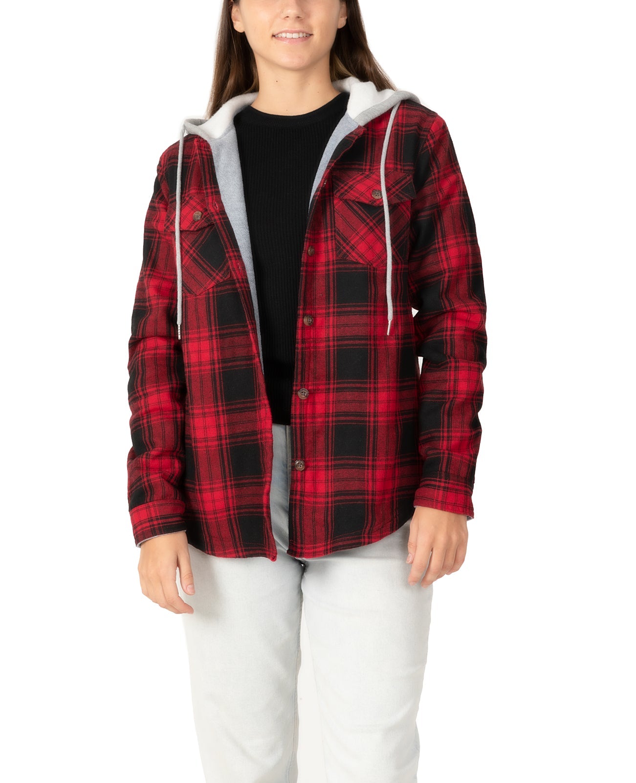 Women's Fleece Lined Flannel Shirt,Button Down Plaid Hooded Jacket-4
