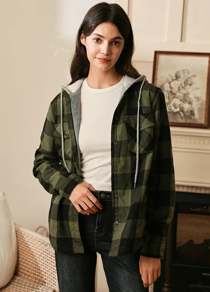 Women's Fleece Lined Flannel Shirt,Button Down Plaid Hooded Jacket-5