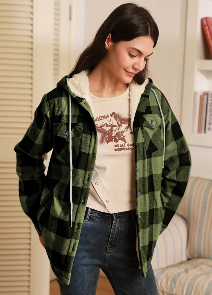 Women's Sherpa Lined Flannel Jacket with Hood, Button Up Plaid-11