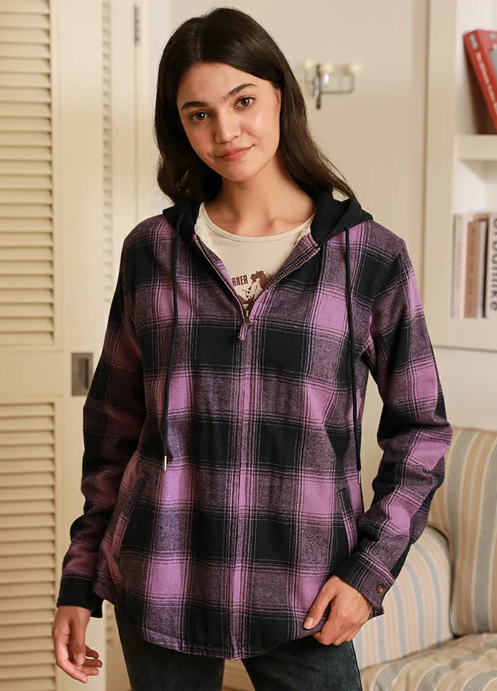 Women's Sherpa-Lined Full Zip Up Flannel Jacket with Fleece Hood-1