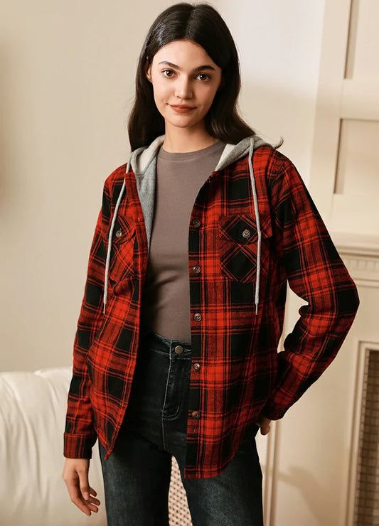 Women's Fleece Lined Flannel Shirt,Button Down Plaid Hooded Jacket-0