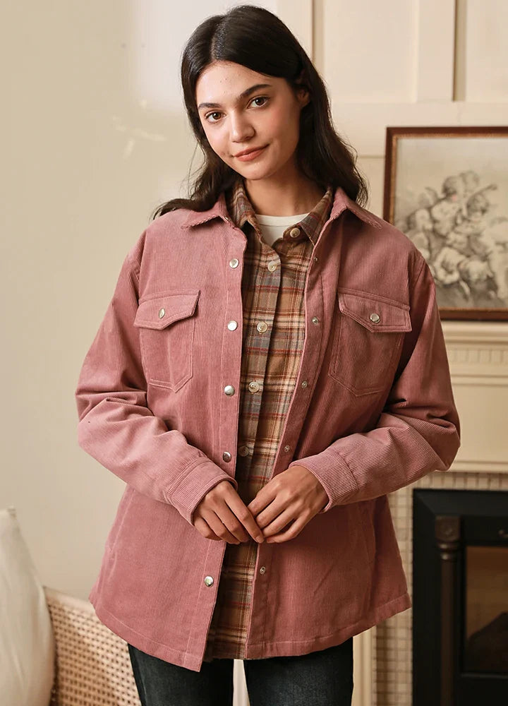 Women's Boyfriend Fit Flannel-Lined Long-Sleeve Corduroy Shirt Jacket-0