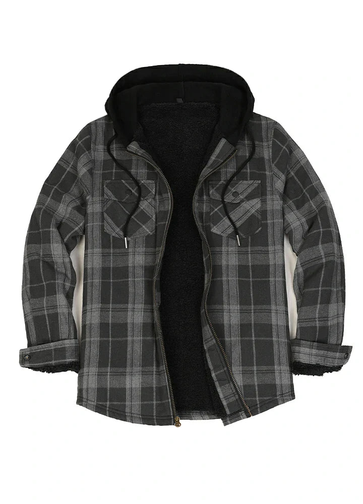Men's Sherpa Lined Full Zip Up Flannel Plaid Hooded Jacket-8