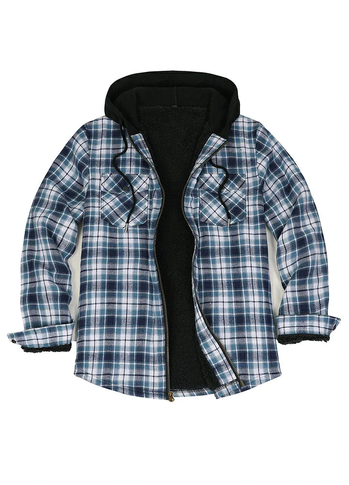 Men's Sherpa Lined Full Zip Up Flannel Plaid Hooded Jacket-9