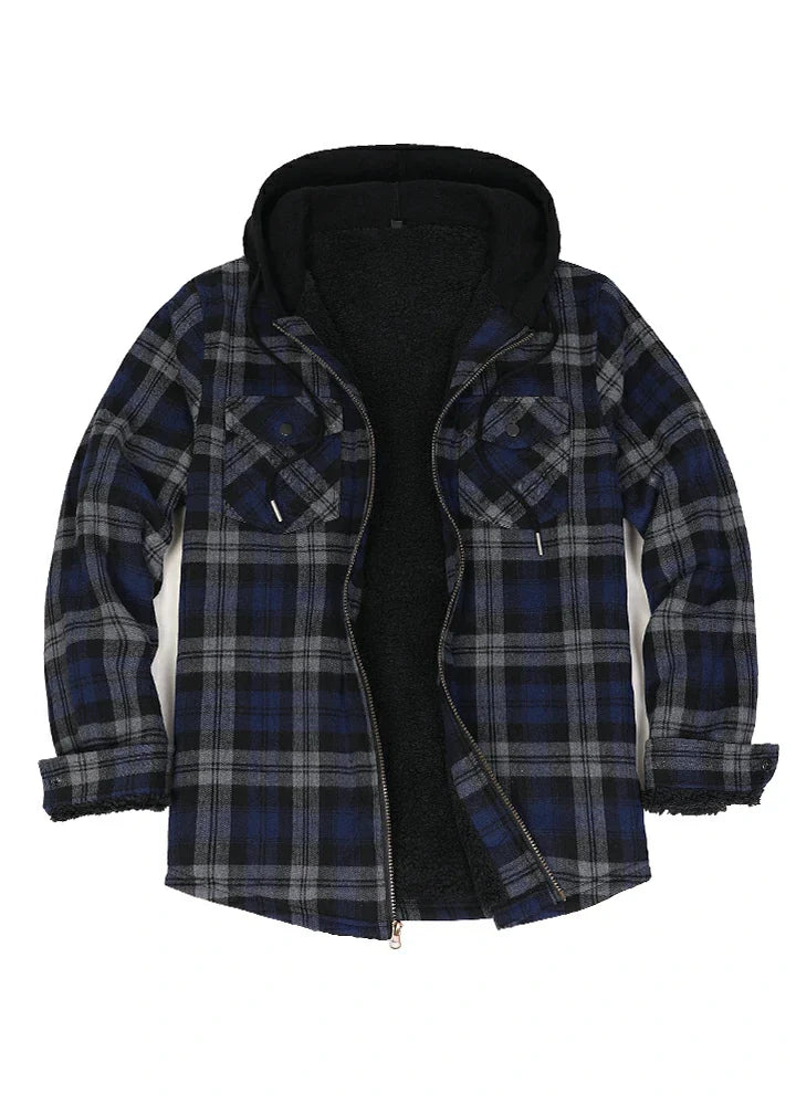 Men's Sherpa Lined Flannel Shirt Jacket with Hood,Plaid Shirt-Jac-14