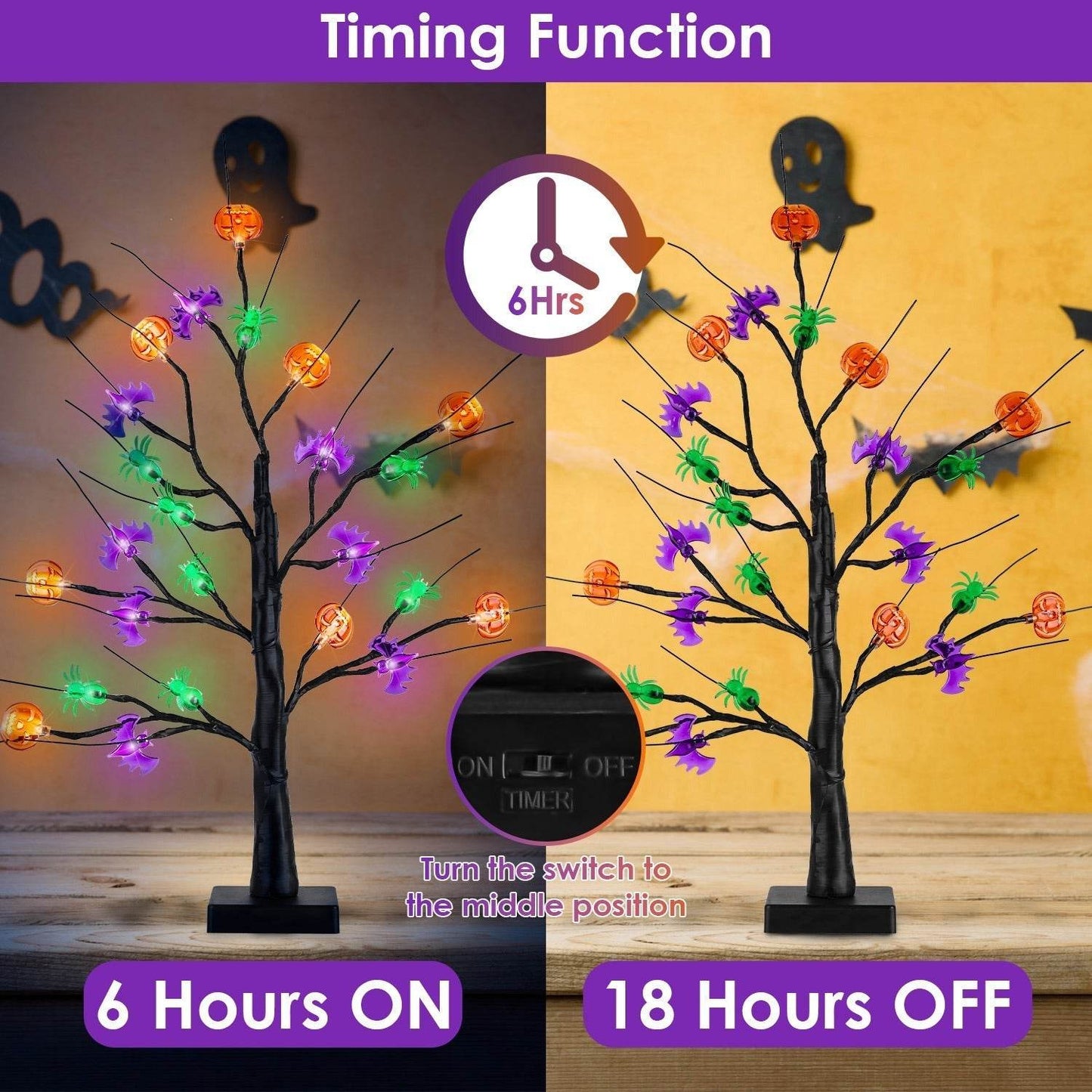 2Pack 1.97FT Lighted Halloween Trees Halloween Indoor Decorations Black Halloween Tree Lights With Timer Adjustable Twigs For Tabletop Party