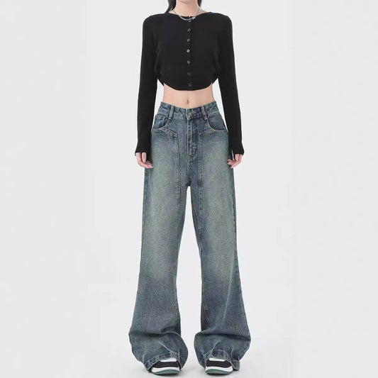 Retro Design Wide Leg Pants High Waisted Boyfriend Jeans