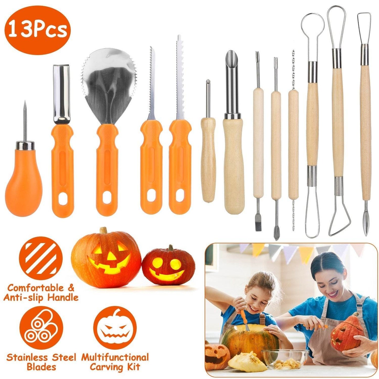13Pcs Halloween Pumpkin Carving Kit Stainless Steel Carving Kit Pumpkin Sculpting Cutting Kit Halloween Decorative Tools