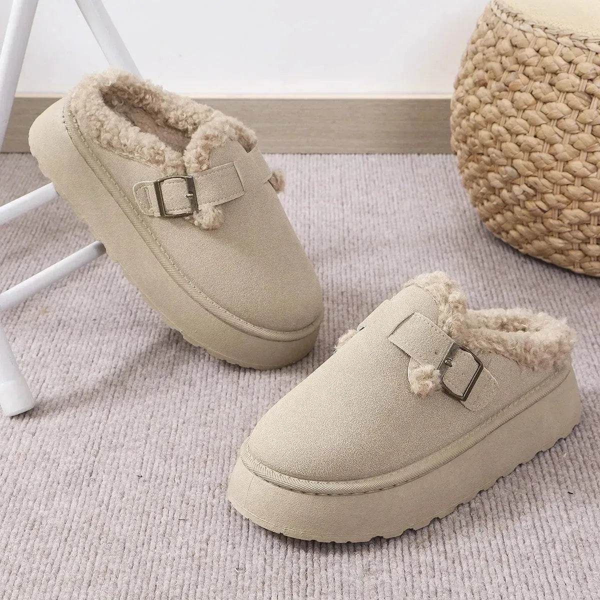 Fashion Thick-soled Plush Buckle Cotton Home platform Winter Slippers Indoor And Outdoor Casual Warm Women Garden Slipper