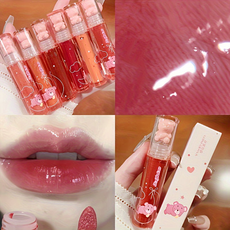 6 Color Lip Glaze, Cute Little Bear, Mirror Gloss, Jelly Lips With Sparkling Light Dew Water, Long-lasting Stain Resistant Transparent Film Forming Lip Gloss, Full Lip Color