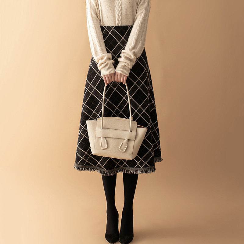 Women Plaid Big Hem Wool Midi Skirt