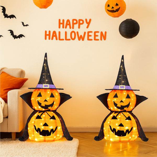 2Packs 3FT Halloween Collapsible Lighted Pumpkin Decoration, 176 LED Pop-Up Pumpkin Lamp With Cape, Plug In Halloween Jack-O-Lantern With Metal Stand For Indoor Outdoor Garden Patio Party Decor