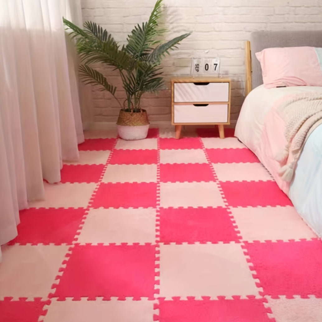12pcs, Foam Puzzle Floor Mat Rug, Cute Pink Puzzle Floor Mat Interlocking Fluffy Flooring Tiles Soft Climbing Area Rugs Plush Interlocking Carpet Tiles For Home Playroom Bedroom Decor, Bedroom Accessories, Removable And Washa