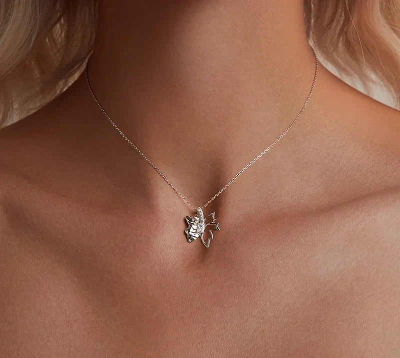 Autumn Elegance: White Gold Plated Sterling Silver Leaf Butterfly Necklace