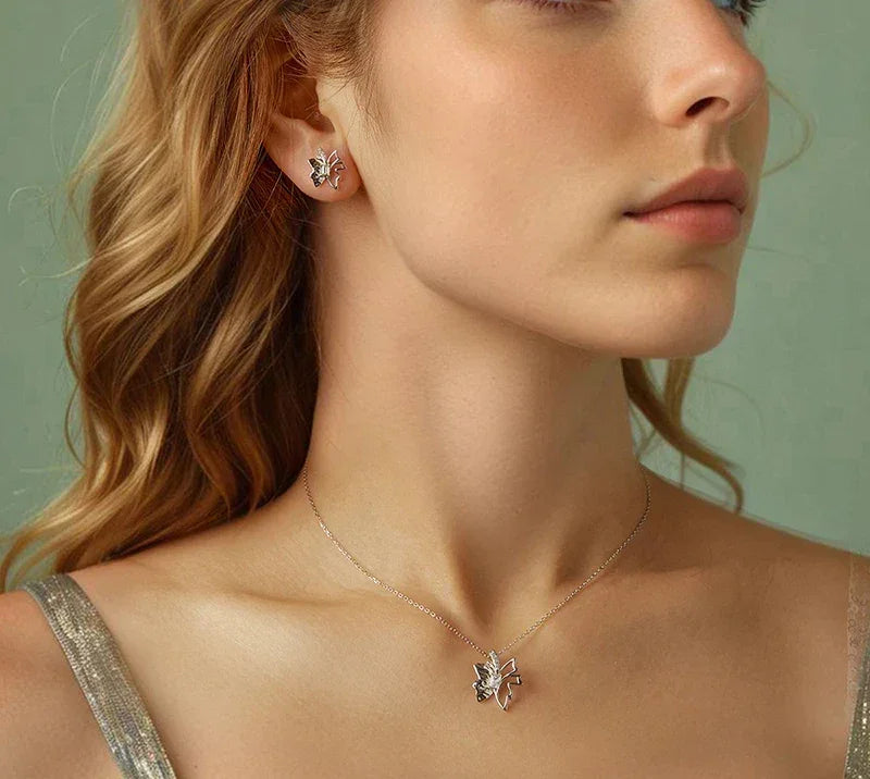 Autumn Elegance: White Gold Plated Sterling Silver Leaf Butterfly Necklace