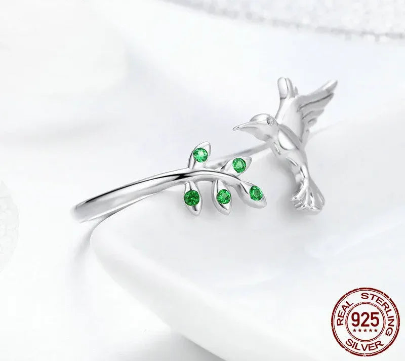 Springtime Elegance: Sterling Silver Tree Leaves & Bird Open Ring