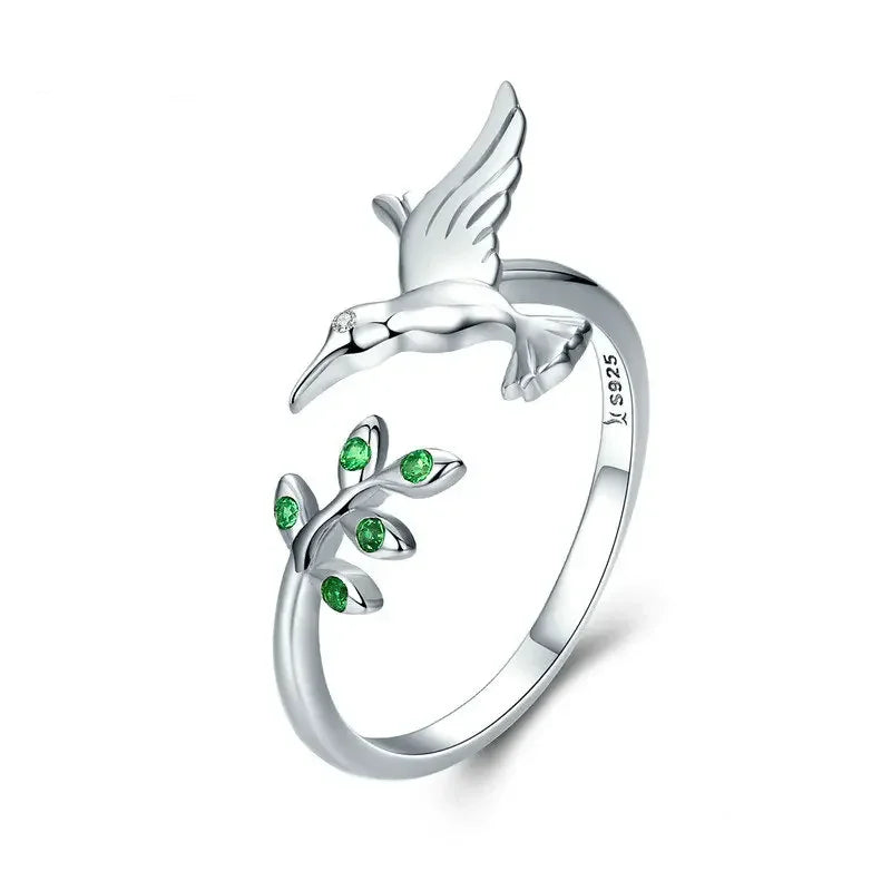 Springtime Elegance: Sterling Silver Tree Leaves & Bird Open Ring