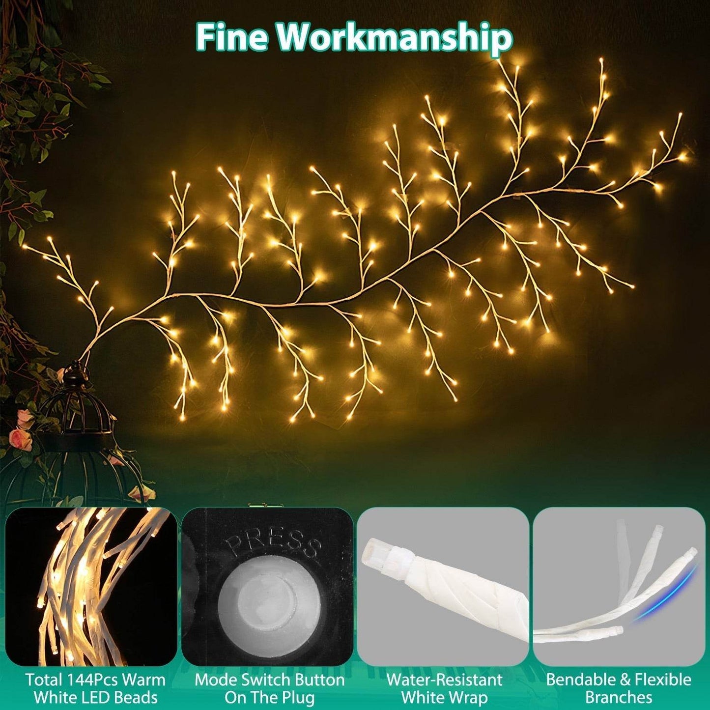 1Pc 7.87FT Lighted Birch Garland Lighted Twig Vine Lights 144LED Birch Garland With Lights String Light With Timer 8 Modes IP45 Waterproof For Christmas Fireplace Home Decoration