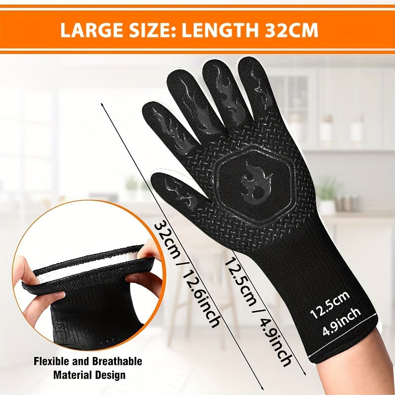 1 Pair BBQ Grill Gloves, Resistant Gloves Heat Resistant Fireproof Gloves, Washable Non-Slip Silicone Oven Gloves, Kitchen Safe Cooking Gloves For Oven Mitts, Barbecue, Cooking, Frying, 12.6inch