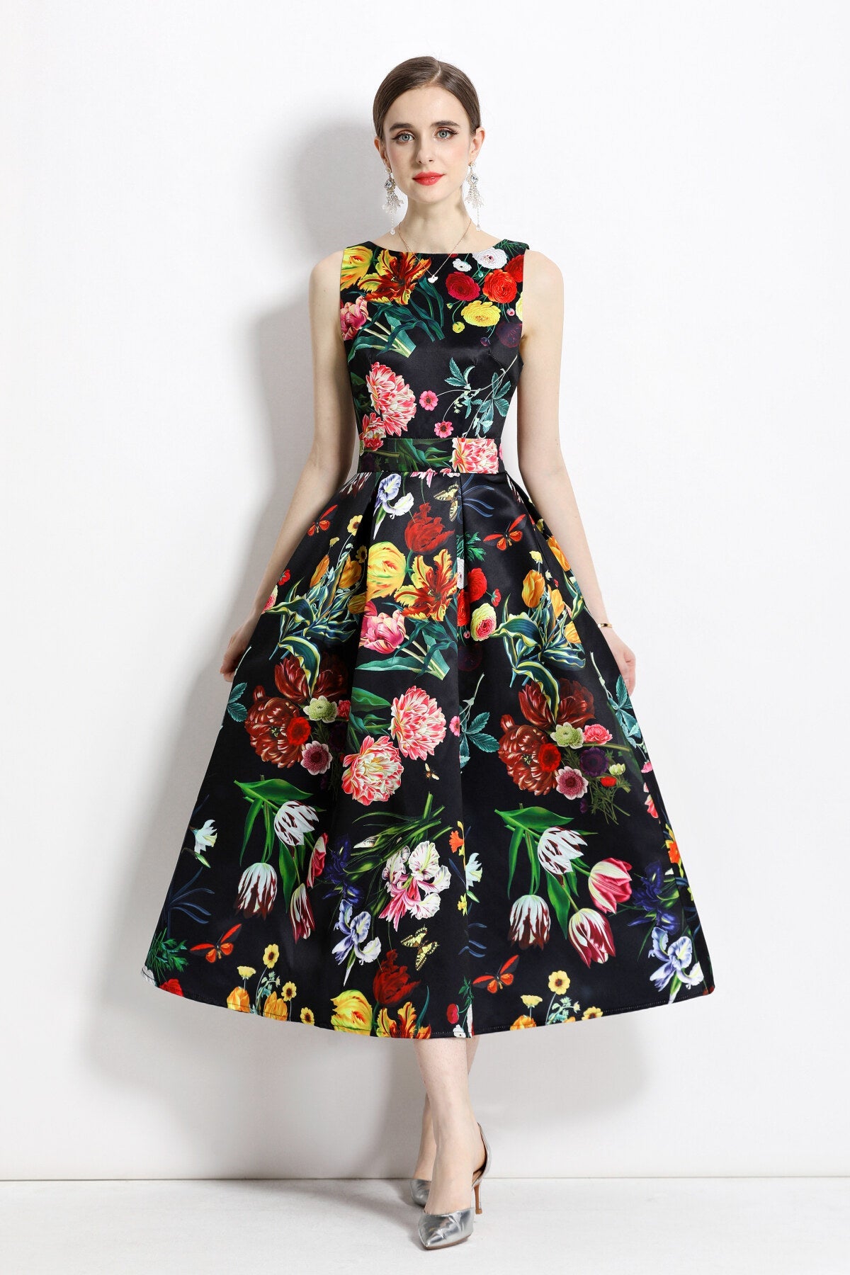 Blooming Garden Sleeveless Pleated A Line Tea Dress-2