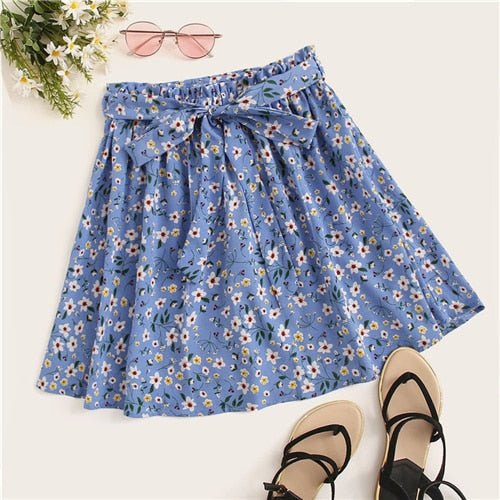 Boho Navy Ditsy Floral Print Paperbag Waist Belted Flared Skirts Frilled Pleated Mini Skirt-6