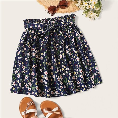 Boho Navy Ditsy Floral Print Paperbag Waist Belted Flared Skirts Frilled Pleated Mini Skirt-0