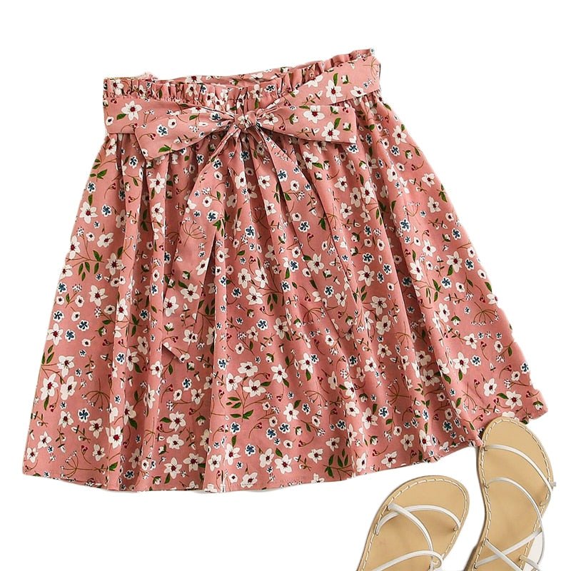 Boho Navy Ditsy Floral Print Paperbag Waist Belted Flared Skirts Frilled Pleated Mini Skirt-4