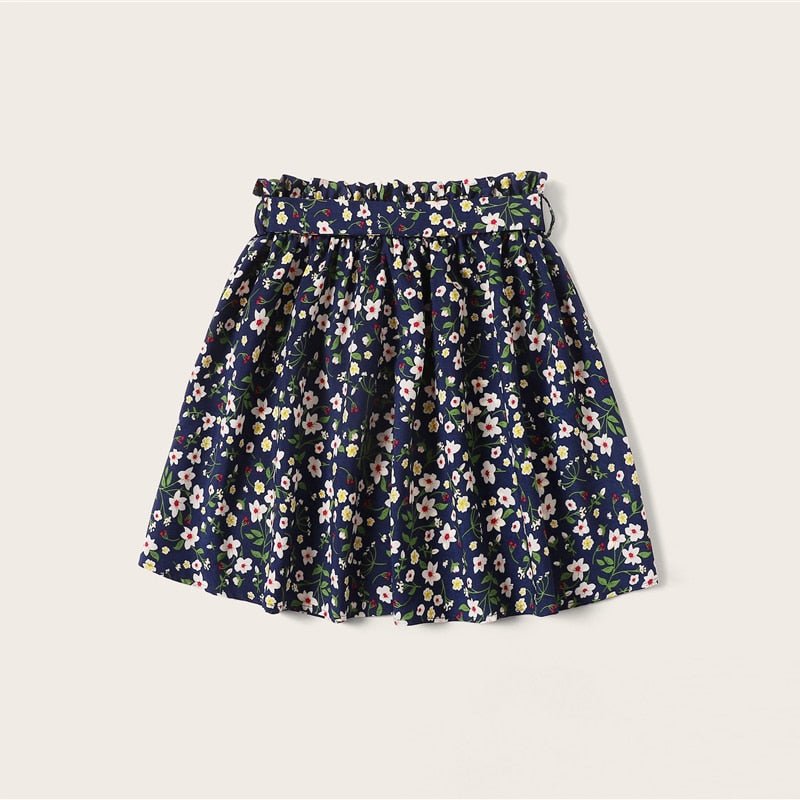 Boho Navy Ditsy Floral Print Paperbag Waist Belted Flared Skirts Frilled Pleated Mini Skirt-1