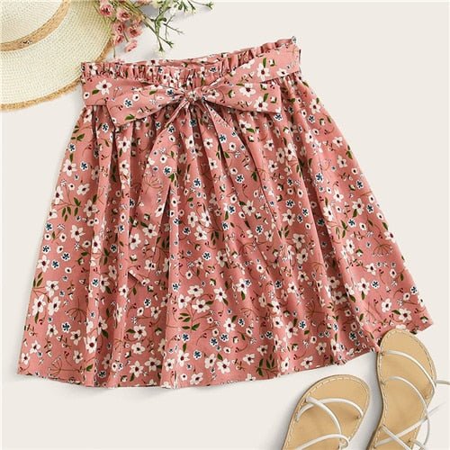 Boho Navy Ditsy Floral Print Paperbag Waist Belted Flared Skirts Frilled Pleated Mini Skirt-5