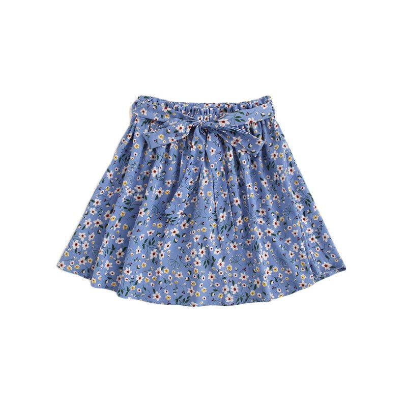 Boho Navy Ditsy Floral Print Paperbag Waist Belted Flared Skirts Frilled Pleated Mini Skirt-3