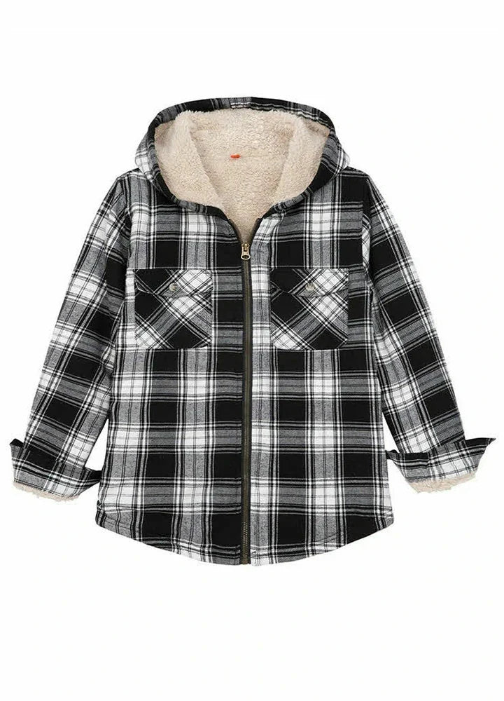 Kids Matching Family Black White Hooded Flannel Jacket-0