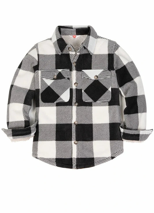 Boys Matching Family Fleece Black White Buffalo Plaid Shacket-0