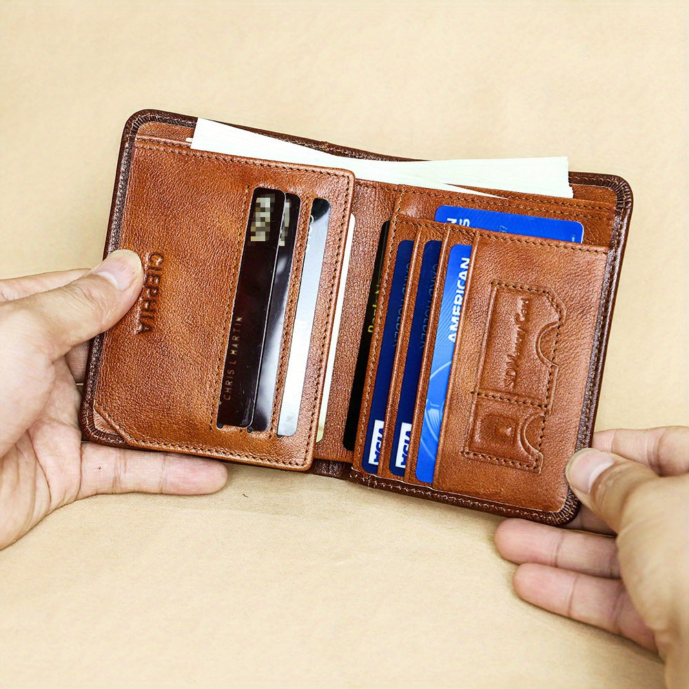 1pc Genuine Leather Rfid Blocking Wallets For Men, Retro Thin Short Multi-functional ID Credit Card Holder, Gifts To Men On Valentine's Day