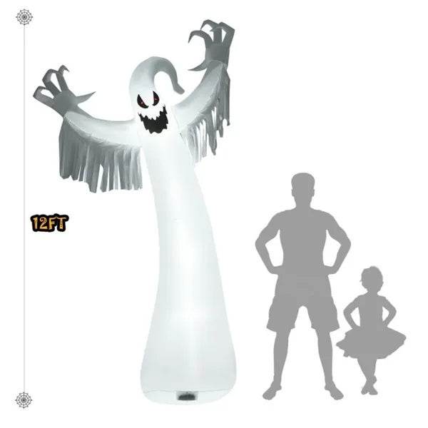 Spooky Halloween Inflatable Ghost - 12 Ft Tall With LED Lights, Waterproof Fabric, Spikes Ropes For Stability, White