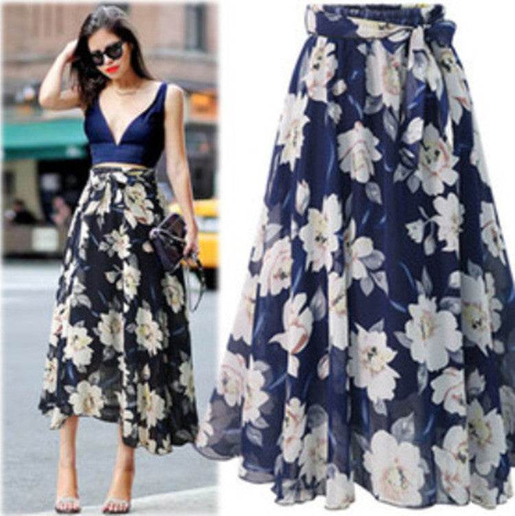 Women Formal Work Office High Waist Floral Midi Big Swing Chiffon Skirt