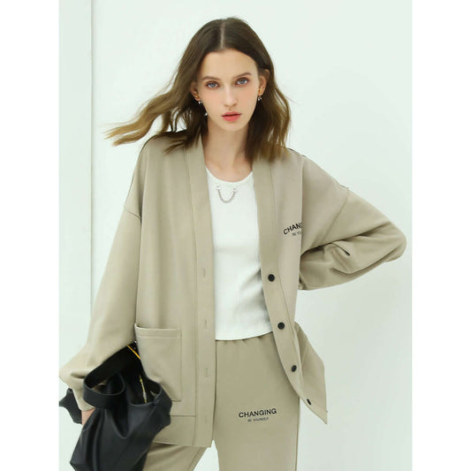 Casual Oversized Khaki Cardigan with Pockets-0