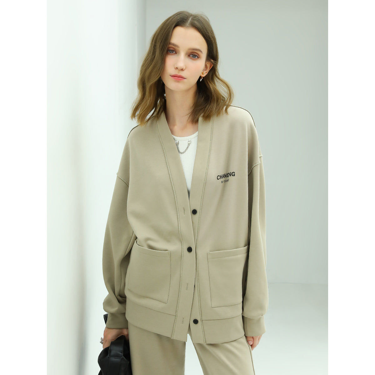 Casual Oversized Khaki Cardigan with Pockets-1