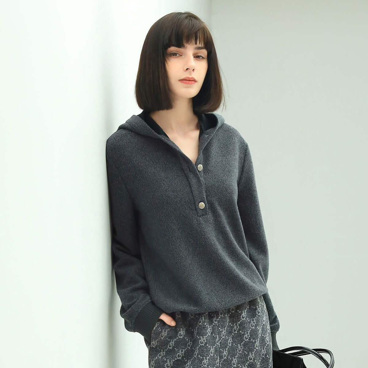 Cozy Button Up Grey Hooded Sweater-0