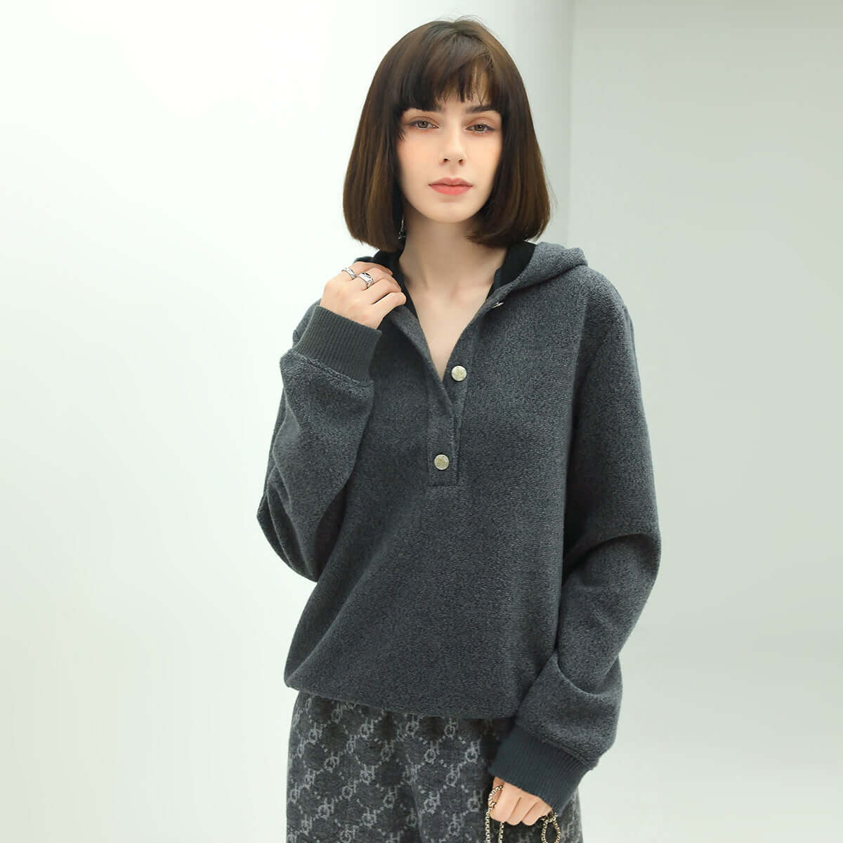 Cozy Button Up Grey Hooded Sweater-2
