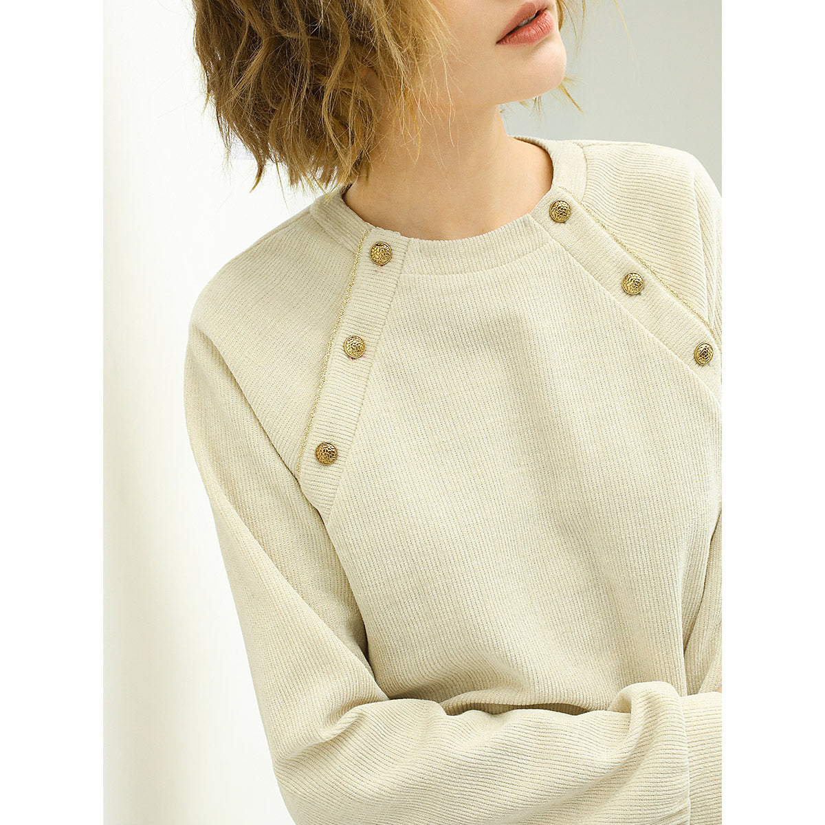 Cream Knit Swear with Gold Snap Buttons-2