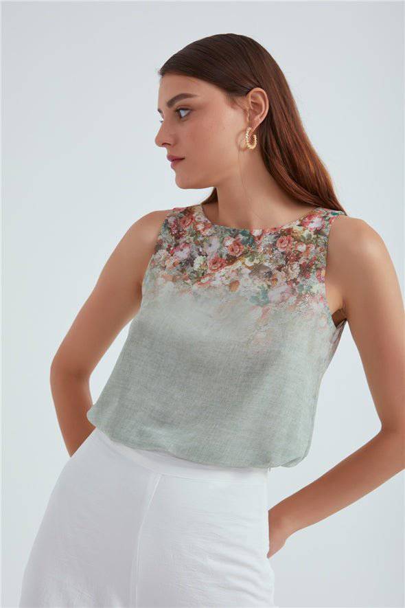 Crew Neck Ombre Floral Printed Georgette Top - Sage