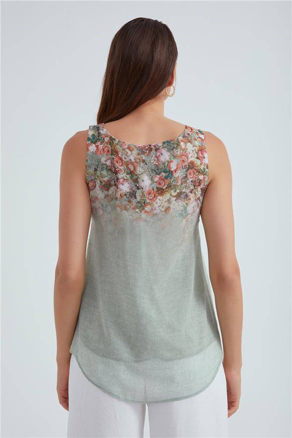 Crew Neck Ombre Floral Printed Georgette Top - Sage