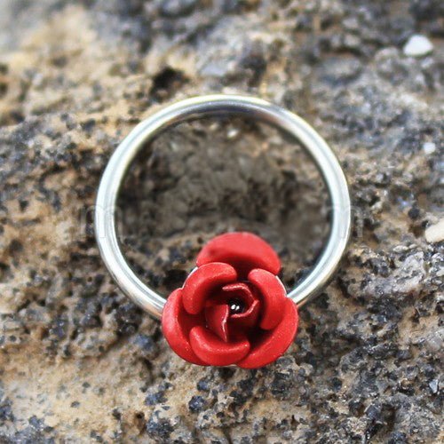 316L Stainless Steel Red Rose Snap-in Captive Bead Ring / Septum Ring-0