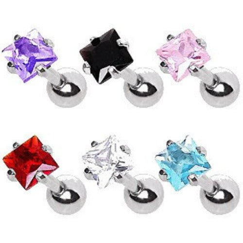 316L Surgical Steel Prong Set Square CZ Cartilage Earring-0
