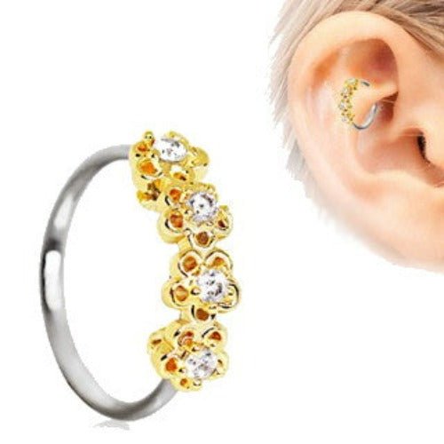 316L Stainless Steel Golden Flowers Seamless Circular Ring / Daith Cartilage Earring-0