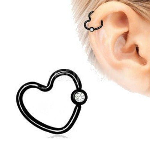 Black PVD Plated Heart Captive Bead Ring with Clear CZ-0
